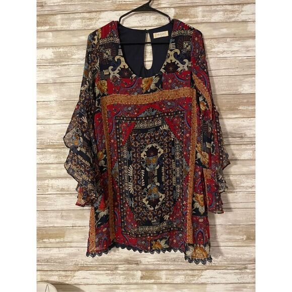 Altar’d State Tunic Shirt Dress Bell Sleeve Sheer Size Medium Multicolor - Picture 1 of 5
